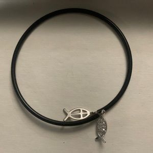 Sterling fish charms on black bangle bracelet